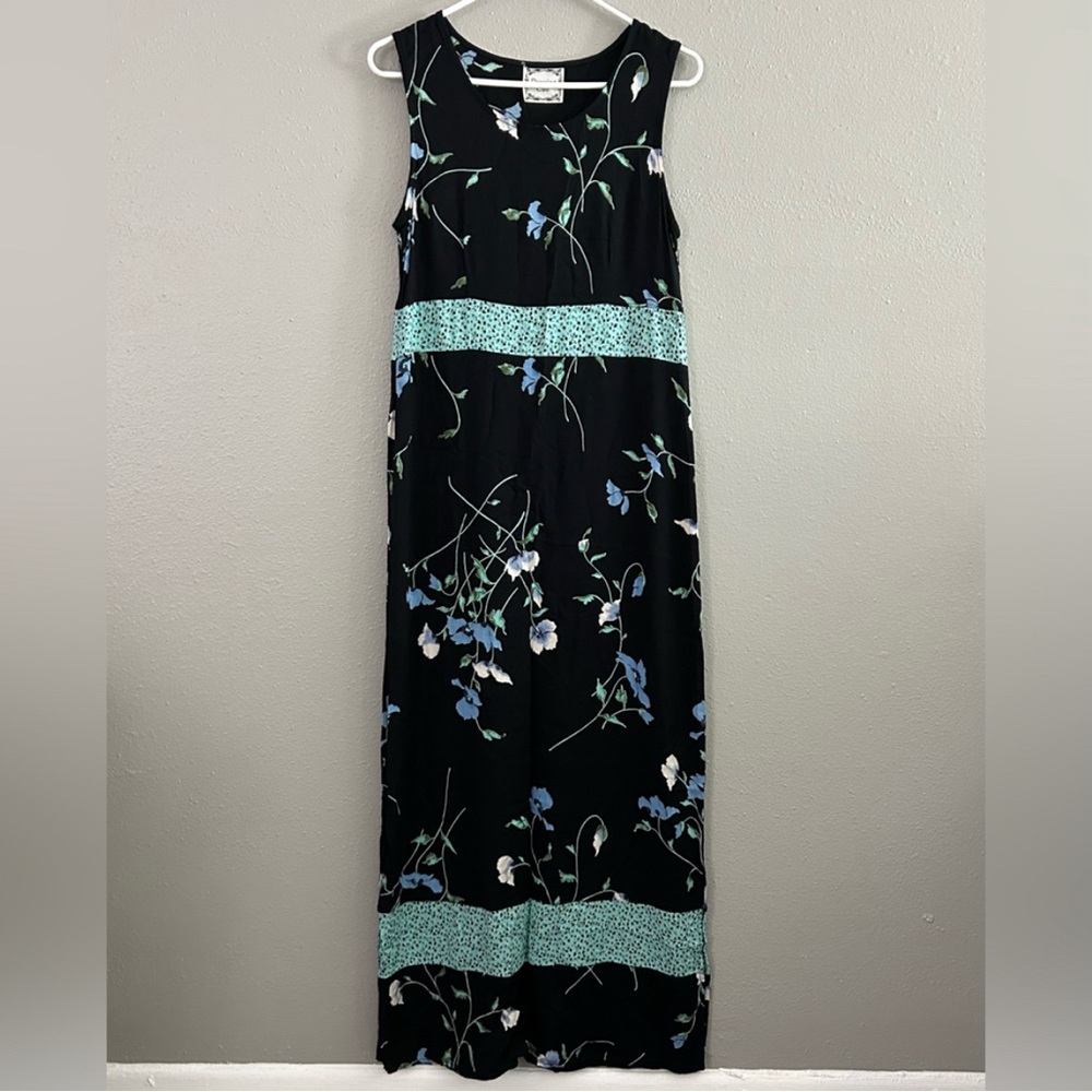Vintage Dressing Clio Black Blue Floral Sleeveless Maxi Dress Size M 90s Boho